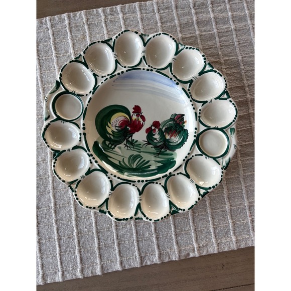 Other - Vintage Deviled Egg Ceramic Plate Platter Rooster Hand Painted Italy 12"